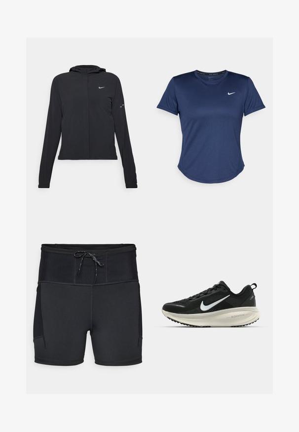 Black hooded jacket with long sleeves, made from lightweight material. Features a front zipper, a Nike logo, and subtle design accents.; Navy blue athletic T-shirt with short sleeves, round neckline, and Nike logo on the chest. Made from smooth, lightweight fabric.; Black athletic shorts with a high waistband, textured upper panel, and drawstring. Features flatlock stitching and side pockets.; Black Nike running shoe with breathable mesh upper, white swoosh logo, textured detailing, and a cream-colored ZoomX midsole.