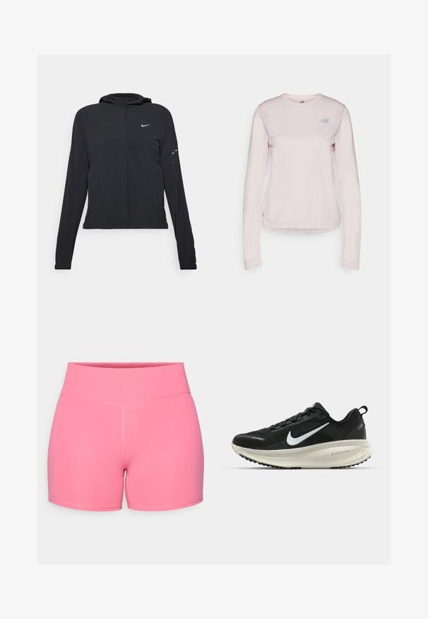 Jachetă neagră cu glugă, cu mâneci lungi, fabricată din material ușor. Dispune de un fermoar frontal, un logo Nike și accente de design subtile.; Cămașă roz deschis, cu mâneci lungi, guler rotund, dintr-un material texturat și cu un mic logo gri pe piept. Margine netedă la baza cămășii.; Șorturi atletice roz, cu o textură netedă, talie înaltă și cusături plate, concepute pentru confort și flexibilitate în timpul activităților fizice.; Pantofii de alergare negri de la Nike, cu parte superioară din plasă respirabilă, logo-ul alb Swoosh, detalii texturate și o talpă intermediară ZoomX de culoare crem.
