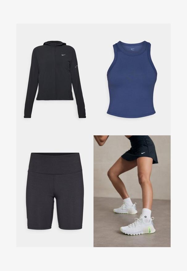 Jachetă neagră cu glugă, cu mâneci lungi, fabricată din material ușor. Dispune de un fermoar frontal, un logo Nike și accente de design subtile.; Tricou sportiv fără mâneci de culoare bleumarin, cu un design mulat, decolteu rotund și textură netedă. Prezintă cusături minime și fără branding vizibil.; Shorts sportivi negri dintr-un material elastic, având un tiv înalt și detalii cu cusut plat. Concepuți pentru confort și mobilitate.; Adidași albi cu o suprafață texturată, accente verde neon și un logo Nike proeminent. Purtați cu șosete albe până la glezne.