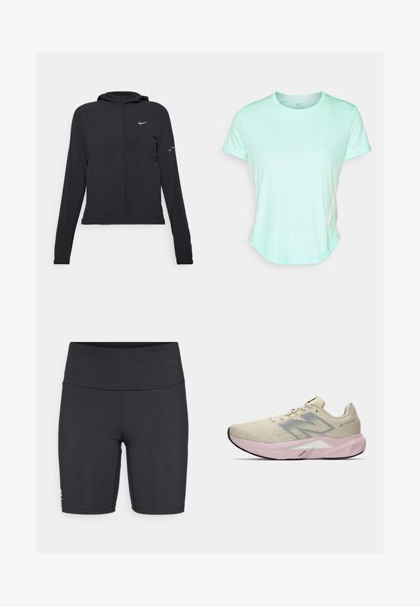 Casaco preto com capuz e mangas longas, feito de material leve. Apresenta um fecho dourado na frente, um logótipo da Nike e detalhes de design subtis.; T-shirt atlético de mangas curtas em verde menta, tecido suave com decote redondo e um discreto logo da Nike na lateral. Bainha ligeiramente curvada.; Calções atléticos pretos feitos de um tecido elástico, com uma cintura alta e detalhes em costura flatlock. Projetados para conforto e mobilidade.; Sapatilha de corrida bege clara com logo "N" cinza, sola rosa rotulada "FuelCell" e calcanhar texturizado, exibida sobre um fundo branco.