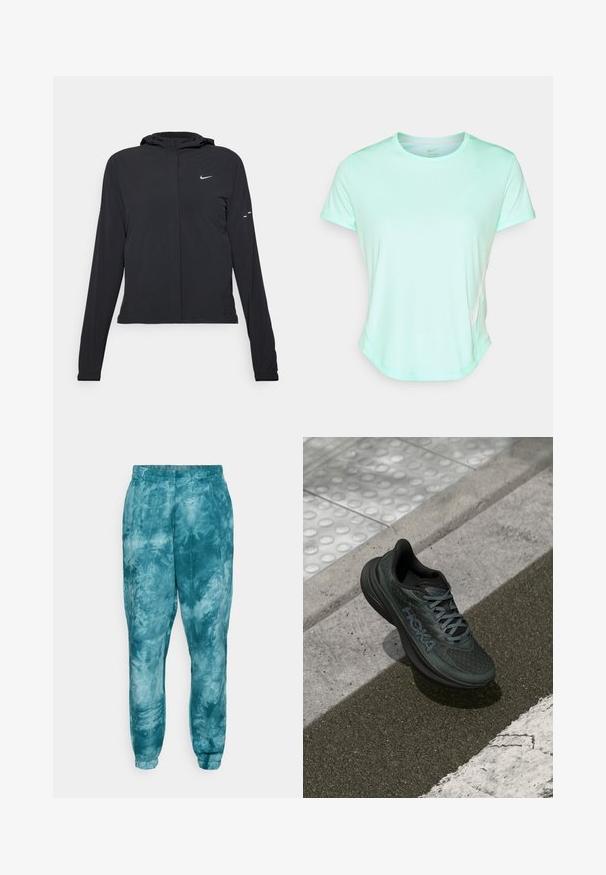 Sort hættetrøje med lange ærmer, lavet af letvægtsmateriale. Har en frontlynlås, et Nike-logo og subtile designaccenter.; Mintgrøn kortærmet atletisk t-shirt, glat stof med rund hals og et subtilt Nike-logo på siden. Let buet kant.; Nebbia RE-FRESH - Træningsbukser - green; Sort løbesko med mesh-overdel, teksturerede detaljer og logo, der har en polstret sål og grå snørebånd, placeret på fortovet.