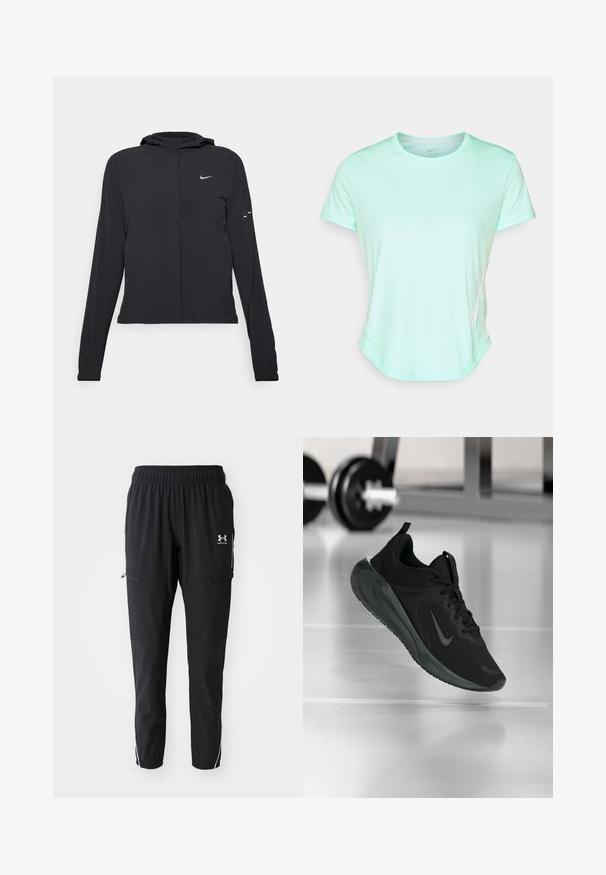 Črna kapuča s dolgimi rokavi, izdelana iz lahkega materiala. Ima sprednji zadrgo, logotip Nike in subtilne oblikovne detajle.; Minta zelena kratka športna majica s kratkimi rokavi, gladka tkanina z okroglim izrezom in subtilnim logotipom Nike ob strani. Rahlo zaobljen rob.; Črne športne hlače z elastičnim pasom, stranskimi žepi z zadrgo in kontrastnimi belimi črtami ob straneh. Lahkoten material.; Črne športne teniske z logotipom Nike, prikazane v zraku na telovadni talni površini, v ozadju pa zamegljena vrsta uteži.