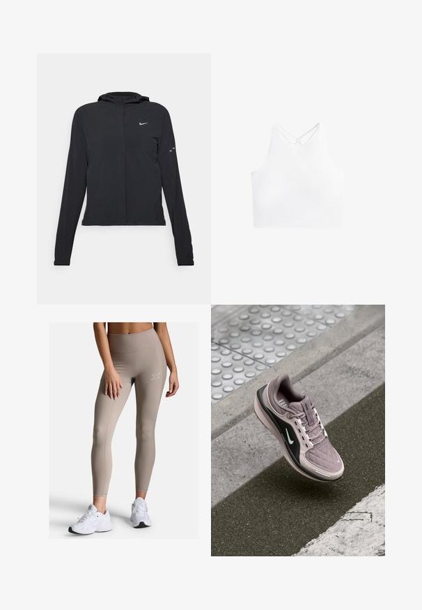 Zwarte kaptrui met lange mouwen, gemaakt van lichtgewicht materiaal. Voorzien van een ritssluiting aan de voorkant, een Nike-logo en subtiele ontwerpelementen.; Witte sportieve crop top met een hoge halslijn en dubbele kruislings strapjes op de rug, met een gladde, rekbare stoftextuur.; Beige hoge taille legging met een geribbelde tailleband, een gladde textuur en subtiele stikdetails. Gecombineerd met witte sportschoenen.; Lichtpaarse sportieve schoen met een gebreide textuur, zwarte zijkanten en een wit logo. Heeft veters en een gevoerde zool voor comfort.