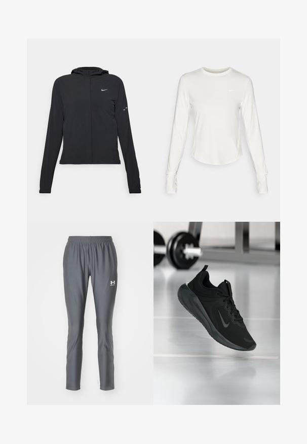 Zwarte kaptrui met lange mouwen, gemaakt van lichtgewicht materiaal. Voorzien van een ritssluiting aan de voorkant, een Nike-logo en subtiele ontwerpelementen.; Witte lange mouwen atletische shirt gemaakt van glad, lichtgewicht materiaal. Voorzien van een ronde halslijn en een Nike-logo op de borst.; Grijze sportbroek van gladde, lichte stof met een elastische tailleband en taps toelopende benen, met een klein wit logo.; Zwarte sportsneaker met Nike-logo, weergegeven in de lucht boven de gymvloer, met een vervaagde halterrek op de achtergrond.