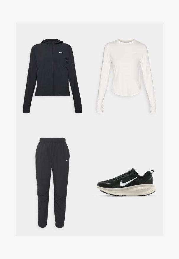 Sort hættetrøje med lange ærmer, lavet af letvægtsmateriale. Har en frontlynlås, et Nike-logo og subtile designaccenter.; Hvid langærmet træningsskjorte lavet af glat, let materiale. Har en rund halsudskæring og et Nike-logo på brystet.; Sort, lette joggebukser med elastisk talje og manchetter. Har et lille hvidt Nike-logo nær venstre hofte. Glat tekstur.; Sort Nike løbesko med åndbart mesh-overdel, hvidt swoosh-logo, tekstureret detaljering og en cremede ZoomX mellemsål.