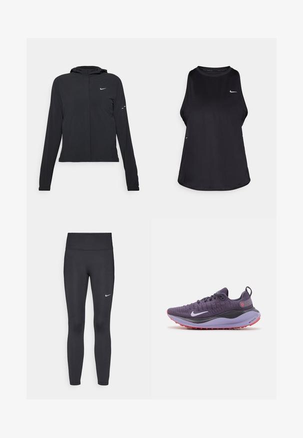Sort hættetrøje med lange ærmer, lavet af letvægtsmateriale. Har en frontlynlås, et Nike-logo og subtile designaccenter.; Sort ærmeløs løbetrøje lavet af let materiale med rund hals; har et diskret logo og sideåbninger for åndbarhed.; Sorte leggings lavet af strækbart stof, med en høj talje og et hvidt Nike-logo på venstre lår. Glat tekstur, tætsiddende design.; Lilla sportssko med en åndbar overdel, grå accenter, en polstret sål og en tekstureret rød ydersål. Har et fremtrædende hvidt logo.