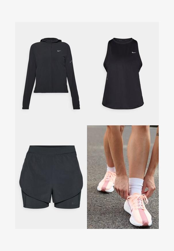 Juodas gobtuvas striukė su ilgomis rankovėmis, pagaminta iš lengvo audinio. Pasižymi priekiniais užtrauktukais, Nike logotipu ir subtiliais dizaino akcentais.; Juodas be rankovių bėgimo marškinėliai, pagaminti iš lengvos medžiagos, su apvalia kaklo iškirpte; turi subtilų logotipą ir šoninius plyšius, kad būtų užtikrinta oro cirkuliacija.; Juodi sportiniai šortai su sluoksniuota konstrukcija, turintys sklandų išorinį sluoksnį ir prigludusius vidinius šortus. Pagaminti iš lengvos, tamprios medžiagos.; Nike Performance PEGASUS PLUS - Bėgimo batai plentui - crimson tint/white/pure platinum/red stardust/vast grey