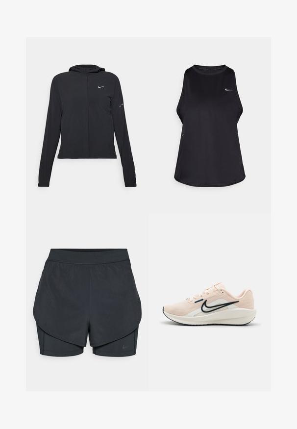Czarna kurtka z kapturem, z długimi rękawami, wykonana z lekkiego materiału. Posiada zamek błyskawiczny z przodu, logo Nike oraz subtelne akcenty wzornicze.; Czarny bezrękawnik biegowy wykonany z lekkiego materiału, z okrągłym dekoltem; ma subtelne logo oraz boczne rozcięcia dla lepszej wentylacji.; Czarne spodenki sportowe z warstwowym krojem, z gładką zewnętrzną warstwą i dopasowanymi wewnętrznymi spodniami. Wykonane z lekkiej, elastycznej tkaniny.; Nike Performance DOWNSHIFTER 13 pomarańczowy