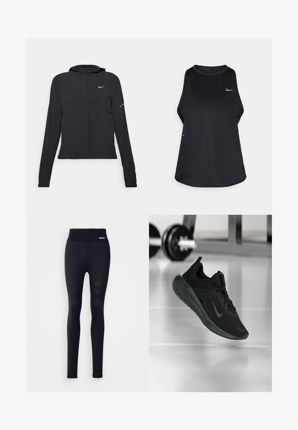 Sort hættetrøje med lange ærmer, lavet af letvægtsmateriale. Har en frontlynlås, et Nike-logo og subtile designaccenter.; Sort ærmeløs løbetrøje lavet af let materiale med rund hals; har et diskret logo og sideåbninger for åndbarhed.; Sorte leggings med høj talje, lavet af glat, strækbart materiale. Har et åndbart meshmønster på underbenet. Logo på taljen.; Sort sportsko med Nike-logo, vist midt i luften på et gymgulv, med en sløret vægtstang i baggrunden.