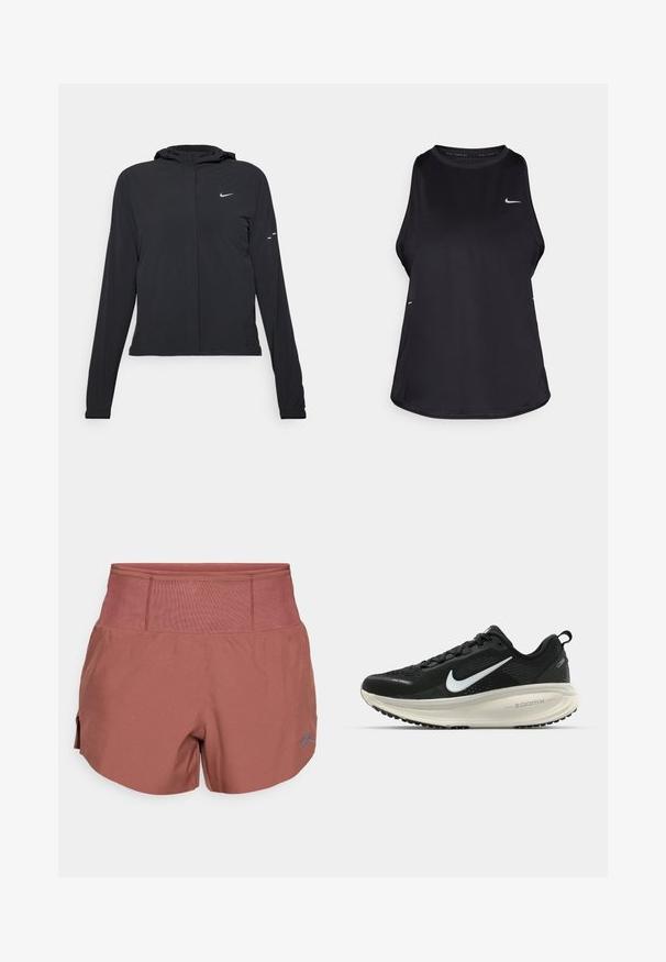 Giacca nera con cappuccio e maniche lunghe, realizzata in materiale leggero. Presenta una zip frontale, il logo Nike e accenti di design sottili.; Canotta da corsa nera senza maniche realizzata in materiale leggero con collo rotondo; presenta un logo discreto e fessure laterali per la traspirabilità.; Pantaloni corto di colore terracotta con una cintura ampia e rigata. Presentano un tessuto morbido e leggero e fessure laterali per la mobilità. Accento con logo blu.; Scarpa da corsa nera Nike con tomaia in rete traspirante, logo Swoosh bianco, dettagli testurizzati e intersuola ZoomX di colore crema.
