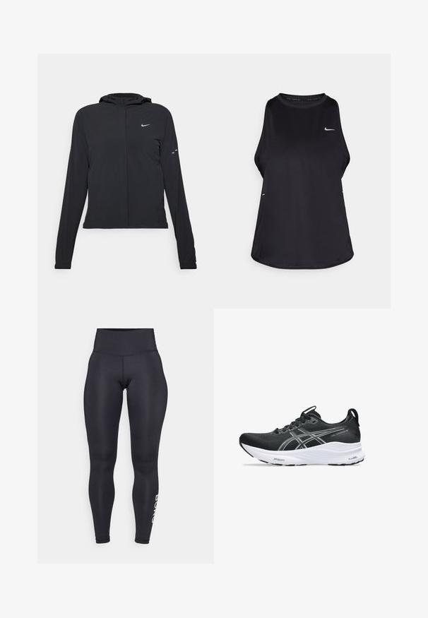 Svart huva jacka med långa ärmar, gjord av lätt material. Har en framdragare, en Nike-logotyp och subtila designelement.; Svart ärmlös löparlinne gjort av lätt material med rund hals; har en diskret logotyp och sidokilar för andningsförmåga.; Björn Borg LOGO - Tights - black beauty; Svart löparsko med ett ventilerande mesh-övre, silverdetaljer, subtil logotyp och en tjock vit mellansula för dämpning. Svart gummiyttersula.