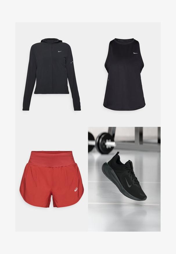 Black hooded jacket with long sleeves, made from lightweight material. Features a front zipper, a Nike logo, and subtle design accents.; Black sleeveless running tank top made of lightweight material with a round neck; features a subtle logo and side slits for breathability.; Red athletic shorts with a flat waistband, pleats at the sides, and a small white logo on the front. Smooth fabric, slightly flared cut.; Black sports sneaker with Nike logo, shown mid-air on gym floor, with blurred dumbbell rack in background.