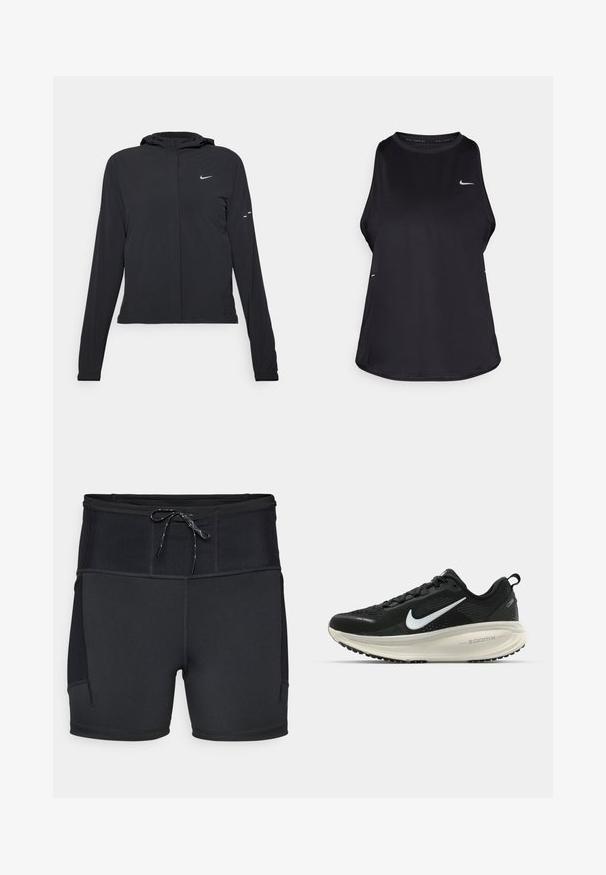 Casaco preto com capuz e mangas longas, feito de material leve. Apresenta um fecho dourado na frente, um logótipo da Nike e detalhes de design subtis.; Top de corrida sem mangas de cor preta, feito de material leve com decote redondo; apresenta um logotipo subtil e aberturas laterais para respirabilidade.; Calções atléticos pretos com uma cintura alta, painel superior texturizado e cordão. Inclui costura flatlock e bolsos laterais.; Sapatilha de corrida Nike preta com parte superior de malha respirável, logotipo Swoosh branco, detalhes texturizados e uma entressola ZoomX na cor creme.