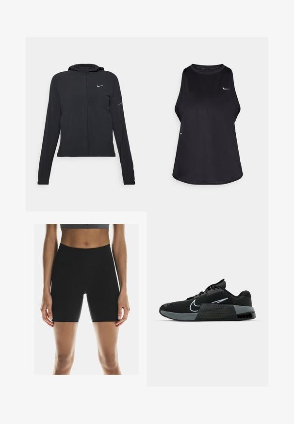 Black hooded jacket with long sleeves, made from lightweight material. Features a front zipper, a Nike logo, and subtle design accents.; Black sleeveless running tank top made of lightweight material with a round neck; features a subtle logo and side slits for breathability.; On PERFORMANCE - Running tights - black; Black athletic shoe with mesh upper, grey accents, and textured midsole. Features a prominent logo and lace-up design. Rubber outsole for traction.