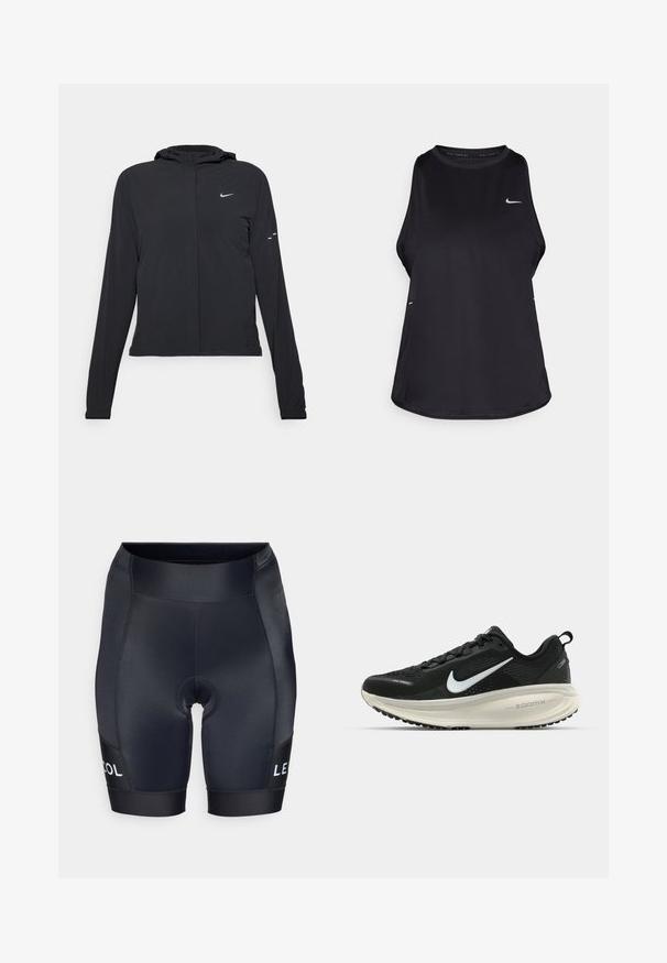 Melnā kapuci jaka ar garām piedurknēm, izgatavota no viegla materiāla. Tam ir priekšējais rāvējslēdzis, Nike logo un smalki dizaina akcenti.; Melna bezruku skriešanas kreklu, kas izgatavots no viegla materiāla ar apaļu kakla izgriezumu; tam ir diskrēta logo un sānu šķirbes gaisa caurlaidībai.; Melni riteņbraucēju šorti ar ciešu piegriezumu, kas izgatavoti no gludas, elastīgas auduma. Satur iešūtu mīkstinātu sēdvietu un kontrastējošu baltu logotipu sānos.; Melnas Nike skriešanas kurpes ar elpojošu acs augšdaļu, baltu Swoosh logotipu, strukturētu apdari un krēmkrāsas ZoomX starpsole.