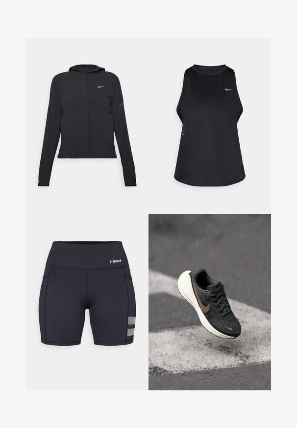 Fekete kapucnis dzseki hosszú ujjakkal, könnyű anyagból készült. Elülső cipzárral, Nike logóval és diszkrét dizájn elemekkel rendelkezik.; Fekete ujjatlan futó trikó, könnyű anyagból készült, kerek nyakkal; diszkrét logóval és oldalsó hasítékokkal a légáteresztés érdekében.; Fekete sportos rövidnadrág rugalmas anyagból. Jellemzői a lapos varrások, a magas derék és a hálós részletek a szegés közelében. A márka logója látható.; Fekete hálós futócipő, textúrált felsőrésszel, barna Nike logóval és fehér párnázott talppal, egy szürke felület felett lebeg.