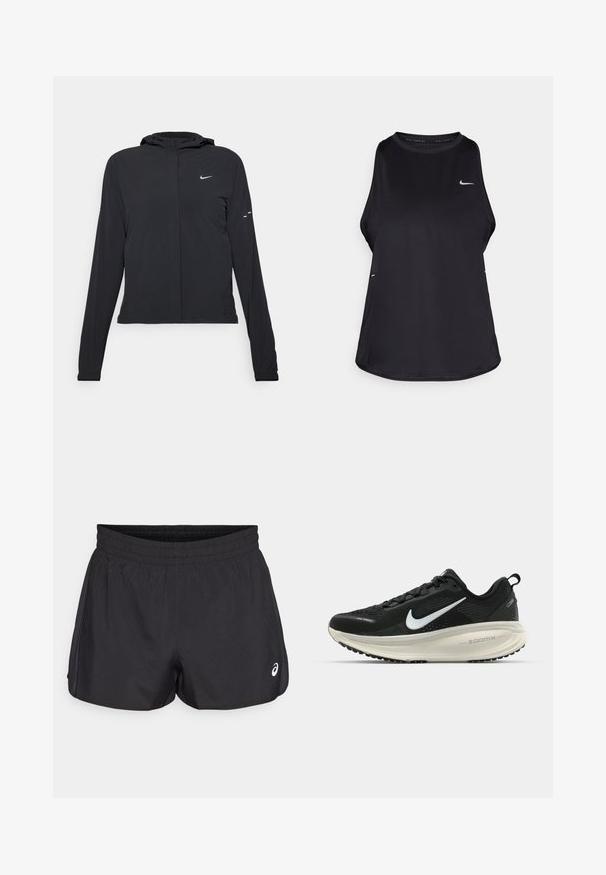 Veste à capuche noire avec des manches longues, fabriquée en matériau léger. Elle comporte une fermeture éclair à l'avant, un logo Nike et des accents de design subtils.; Débardeur de course sans manches noir, fabriqué dans un matériau léger, avec un col rond ; présente un logo discret et des fentes sur les côtés pour une meilleure respirabilité.; Shorts de sport noirs avec une taille élastique, texture lisse, ourlet arrondi et accents en mesh sur les côtés. Présente un petit logo à l'avant.; Baskets de course noir Nike avec tige respirante en mesh, logo swoosh blanc, détails texturés et semelle intermédiaire ZoomX de couleur crème.