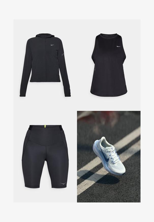 Juodas gobtuvas striukė su ilgomis rankovėmis, pagaminta iš lengvo audinio. Pasižymi priekiniais užtrauktukais, Nike logotipu ir subtiliais dizaino akcentais.; Juodas be rankovių bėgimo marškinėliai, pagaminti iš lengvos medžiagos, su apvalia kaklo iškirpte; turi subtilų logotipą ir šoninius plyšius, kad būtų užtikrinta oro cirkuliacija.; Juodi sportiniai šortai su prigludusia forma, pagaminti iš lygios, tamprios medžiagos. Turi kontrastingą geltoną akcentą ir atspindinčią logotipo detalę.; Balti sportiniai bateliai su kvėpuojančiu tinkleliu ir mėlynomis akcentais. Su minkštu padu ir plokščiomis raištelėmis. Vidpadis su ženklu "Air Zoom".