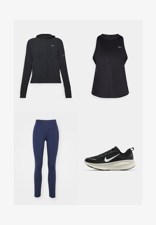 Sort hættetrøje med lange ærmer, lavet af letvægtsmateriale. Har en frontlynlås, et Nike-logo og subtile designaccenter.; Sort ærmeløs løbetrøje lavet af let materiale med rund hals; har et diskret logo og sideåbninger for åndbarhed.; Nike Performance ONE - Tights - obsidian/black; Sort Nike løbesko med åndbart mesh-overdel, hvidt swoosh-logo, tekstureret detaljering og en cremede ZoomX mellemsål.