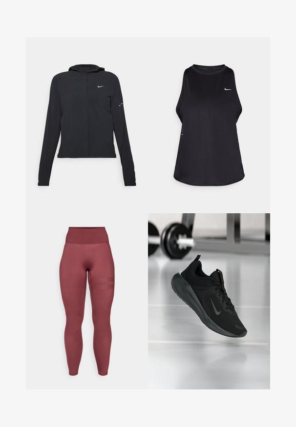Zwarte kaptrui met lange mouwen, gemaakt van lichtgewicht materiaal. Voorzien van een ritssluiting aan de voorkant, een Nike-logo en subtiele ontwerpelementen.; Zwarte mouwloze hardlooptanktop van lichtgewicht materiaal met een ronde hals; heeft een subtiel logo en zijslits voor ventilatie.; Bordeaux hoge taille leggings gemaakt van rekbare stof. Beschikt over een gladde textuur en drie horizontale mesh strepen op de bovenbenen.; Zwarte sportsneaker met Nike-logo, weergegeven in de lucht boven de gymvloer, met een vervaagde halterrek op de achtergrond.