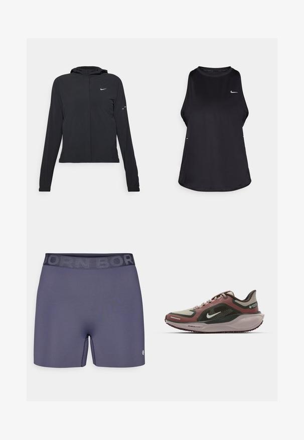 Črna kapuča s dolgimi rokavi, izdelana iz lahkega materiala. Ima sprednji zadrgo, logotip Nike in subtilne oblikovne detajle.; Črna brezrokavna tekaška majica iz lahkega materiala s krožnim izrezom; ima subtilen logotip in stranske razpoke za zračnost.; Mornarsko modri športni kratki hlače z teksturiranim elastičnim pasom, označenim z "BORN." Gladka tkanina, prilegajoča se zasnova in majhna oznaka na strani.; Nike Performance AIR ZM PEGASUS 41 GTX - Tekaški copati za cesto - malt/barely green/sequoia/red sepia/burgundy crush/platinum violet