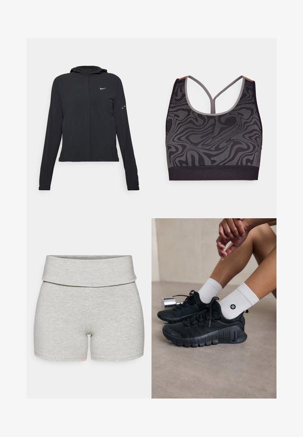 Casaco preto com capuz e mangas longas, feito de material leve. Apresenta um fecho dourado na frente, um logótipo da Nike e detalhes de design subtis.; Sutiã desportivo preto com padrão cinza em espiral, apresentando um decote redondo e design de costas raiadas. Feito de tecido de malha texturizado.; Calções de algodão cinza-claro com uma cinta larga e dobrada. Textura suave, formato ajustado e sem bolsos visíveis ou detalhes adicionais.; Sapatilhas atléticas pretas com tecido texturizado, design com atacadores e uma sola proeminente, emparelhadas com meias brancas com nervuras e um pequeno logótipo.