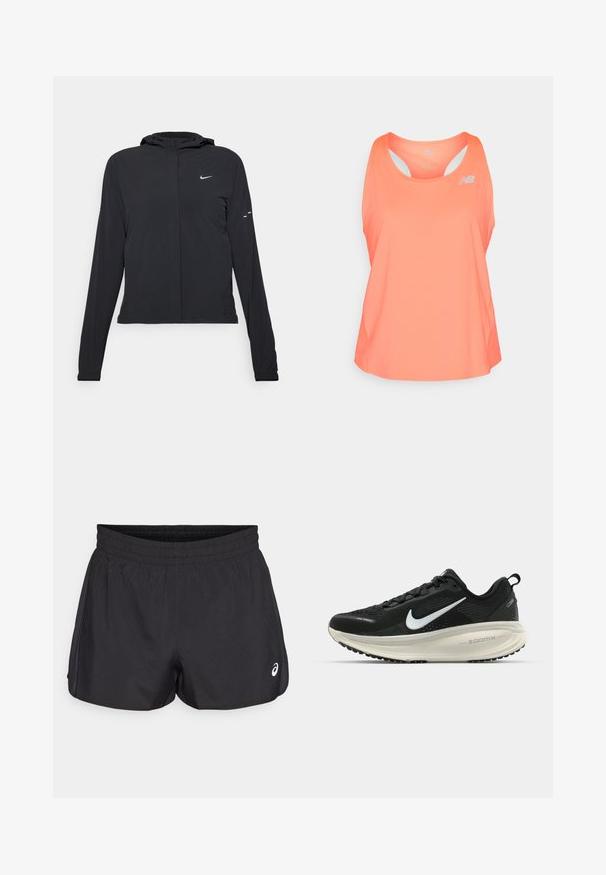 Schwarze Kapuzenjacke mit langen Ärmeln, aus leichtem Material gefertigt. Sie hat einen vorderen Reißverschluss, ein Nike-Logo und dezente Designelemente.; Rosa Sporttop mit runder Ausschnittform, Racerback-Design und Belüftungslöchern. Verfügt über ein kleines reflektierendes Logo auf der Vorderseite.; Schwarze Sport Shorts mit einem elastischen Bund, glatter Textur, geschwungenem Saum und seitlichen Mesh-Akzenten. Mit einem kleinen Logo auf der Vorderseite.; Schwarzer Nike-Laufschuh mit atmungsaktivem Mesh-Obermaterial, weißem Swoosh-Logo, strukturierten Details und einer cremefarbenen ZoomX-Zwischensohle.