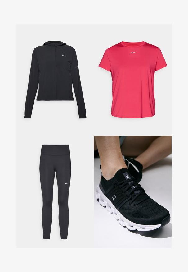 Black hooded jacket with long sleeves, made from lightweight material. Features a front zipper, a Nike logo, and subtle design accents.; Pink athletic T-shirt made of smooth, lightweight fabric. Features short sleeves and a white Nike logo on the chest.; Black leggings made of stretchy fabric, featuring a high waistband and a white Nike logo on the left thigh. Smooth texture, form-fitting design.; On CLOUDSWIFT - Road running shoes - all black