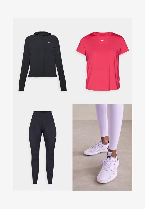 Juodas gobtuvas striukė su ilgomis rankovėmis, pagaminta iš lengvo audinio. Pasižymi priekiniais užtrauktukais, Nike logotipu ir subtiliais dizaino akcentais.; Rožinė sportinė marškinė, pagamintos iš lygaus, lengvo audinio. Turi trumpas rankoves ir baltą Nike logotipą ant krūtinės.; Aukštai aukštus juodus leganus, pagamintus iš elastingos medžiagos, su lygia tekstūra ir mažu logotipu ant apatinių kojų. Prigludusi dizaino forma.; Nike Performance FREE RN FK NATURE - Bėgimo batai plentui - lilac bloom/black/barely grape/vivid purple