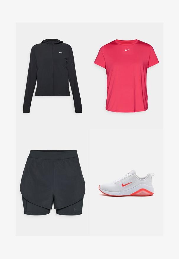 Chaqueta negra con capucha y mangas largas, hecha de un material ligero. Presenta un cierre frontal, un logo de Nike y acentos de diseño sutiles.; Camiseta deportiva rosa hecha de una tela suave y liviana. Cuenta con mangas cortas y un logo de Nike blanco en el pecho.; Pantalones cortos deportivos negros con un diseño en capas, que cuentan con una capa exterior suave y pantalones cortos interiores ajustados. Fabricados con una tela ligera y elástica.; Zapatillas deportivas blancas con parte superior de malla, acentos rojos en el swoosh y la suela, y un talón acolchado. Cuenta con una suela exterior texturizada para agarre.