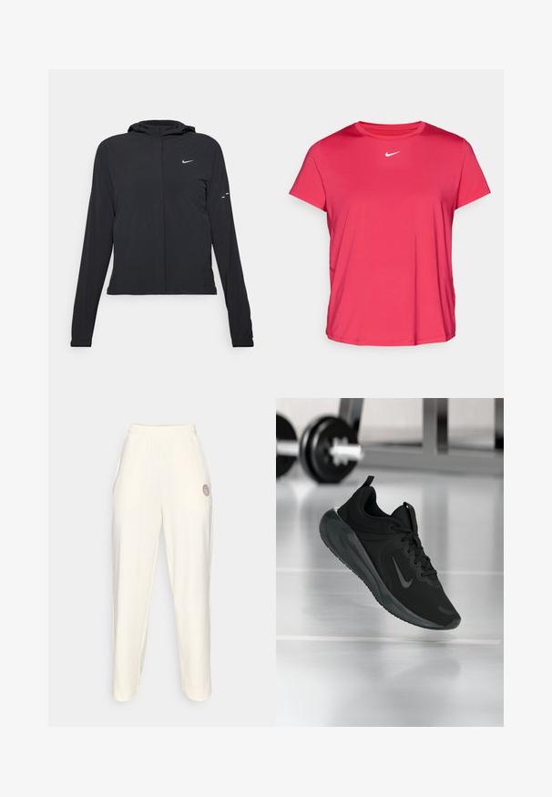 Melnā kapuci jaka ar garām piedurknēm, izgatavota no viegla materiāla. Tam ir priekšējais rāvējslēdzis, Nike logo un smalki dizaina akcenti.; Rozā sporta T-kreklu, izgatavotu no gludas, vieglas auduma. Tam ir īsas piedurknes un balts Nike emblēma uz krūšu daļas.; Krēmotas sporta bikses ar elastīgu jostasvietu, sašaurinātiem galiem un mazu apļveida logotipu kreisajā augšstilbā. Gluda tekstūra.; Melnas sporta kedas ar Nike logo, rādot gaisā uz sporta zāles grīdas, ar izplūdušu hantelēm fona.