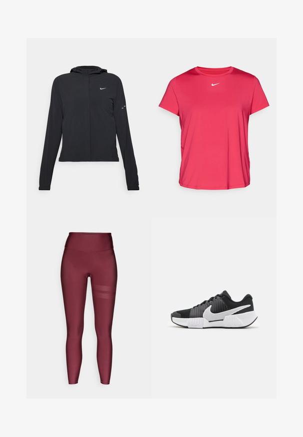Svart hettegenser med lange ermer, laget av lett materiale. Har glidelås foran, Nike-logo og subtile design detaljer.; Rosa treningst-skjorte laget av glatt, lett stoff. Har korte ermer og en hvit Nike-logo på brystet.; Burgunderfargede leggings i full lengde med høy midje, laget av glatt, elastisk materiale, med horisontale mesh-striper på siden.; Svart-hvite joggesko med teksturert overdel, fremtredende Nike-svusk og kontrasterende såledesign for bedre grep og stabilitet.