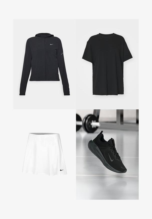 Jachetă neagră cu glugă, cu mâneci lungi, fabricată din material ușor. Dispune de un fermoar frontal, un logo Nike și accente de design subtile.; Tricou negru cu mânecă scurtă, fabricat dintr-un material neted, cu guler rotund și croială lejeră. Dispune de fante laterale pentru un plus de confort și respirație.; Fustă de tenis albă, realizată dintr-un material ușor, cu un design evazat și talie elastică. Un mic logo Nike negru se află la margine.; Tenisii sport negru cu logo-ul Nike, arătați în aer deasupra podelei de sală de sport, cu un suport pentru haltere neclar în fundal.