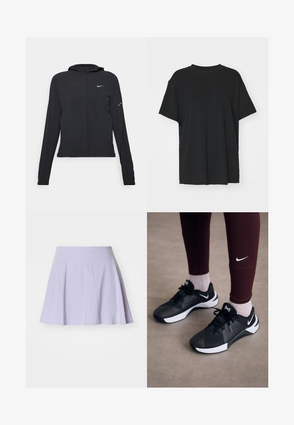 Fekete kapucnis dzseki hosszú ujjakkal, könnyű anyagból készült. Elülső cipzárral, Nike logóval és diszkrét dizájn elemekkel rendelkezik.; Fekete, rövid ujjú póló sima anyagból, kerek nyakkivágással és laza szabással. Oldalhasítékokkal a kényelem és a légáteresztés érdekében.; Lila korcsolyás szoknya puha pamut keverék anyagból, szélesített kialakítással, rugalmas derékkal és látható minták vagy díszítések nélkül.; Fekete sportcipők texturált felsőrésszel és fehér akcentussal, fűzőkkel és oldalsó logóval. Bordó leggingsszel és világos zoknival viselve.