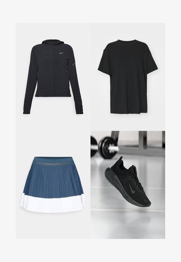 Fekete kapucnis dzseki hosszú ujjakkal, könnyű anyagból készült. Elülső cipzárral, Nike logóval és diszkrét dizájn elemekkel rendelkezik.; Fekete, rövid ujjú póló sima anyagból, kerek nyakkivágással és laza szabással. Oldalhasítékokkal a kényelem és a légáteresztés érdekében.; Sötétkék, redőzött sportszoknya fehér alsó csíkkal. Rugalmas derékkal és sima, textúrált anyaggal rendelkezik.; Fekete sportcipő Nike logóval, amely a levegőben látható az edzőterem padlóján, a háttérben elmosódott kézi súlyzó állvánnyal.