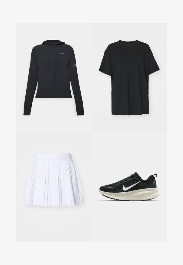 Black hooded jacket with long sleeves, made from lightweight material. Features a front zipper, a Nike logo, and subtle design accents.; Black short-sleeve t-shirt made of smooth fabric, with a crew neck and loose fit. Features side slits for added comfort and breathability.; White pleated skirt with a soft elastic waistband, featuring a smooth texture and a minimalist design without additional patterns or accents.; Black Nike running shoe with breathable mesh upper, white swoosh logo, textured detailing, and a cream-colored ZoomX midsole.