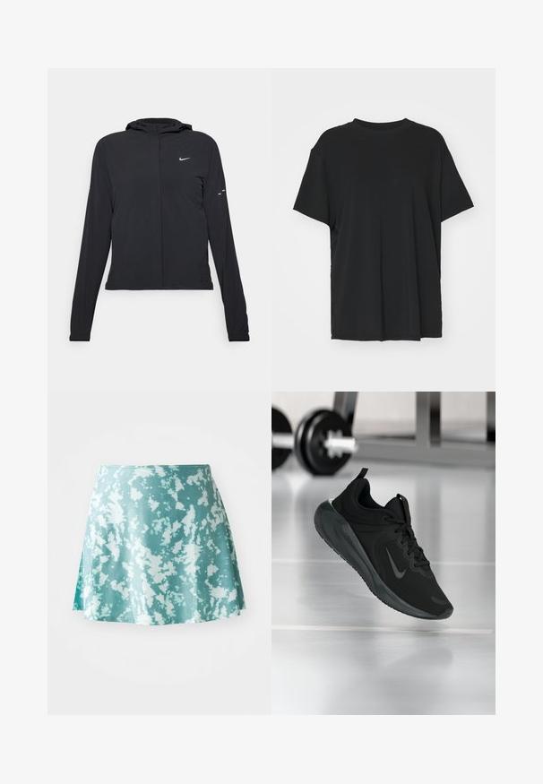 Črna kapuča s dolgimi rokavi, izdelana iz lahkega materiala. Ima sprednji zadrgo, logotip Nike in subtilne oblikovne detajle.; Črna kratka majica s kratkimi rokavi, izdelana iz gladkega materiala, s kroјnim ovratnikom in prostim krojem. Ima stranske razpoke za dodatno udobje in zračnost.; Ment zeleno krilo za drsanje s belim vzorcem pršenja, izdelano iz lahkega materiala. Ima rahlo razširjeno obliko in stranski razporek.; Črne športne teniske z logotipom Nike, prikazane v zraku na telovadni talni površini, v ozadju pa zamegljena vrsta uteži.
