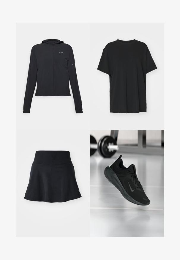 Crna jakna s kapuljačom i dugim rukavima, izrađena od laganog materijala. Ima prednji patentni zatvarač, Nike logo i suptilne dizajnerske detalje.; Crna majica kratkih rukava napravljena od glatkog materijala, s okruglim izrezom i slobodnim krojem. Ima bočne proreze za dodatnu udobnost i prozračnost.; Crni sportski šorts s glatkim pojasom, lepršavim rubom i suptilnim Nike logotipom u donjem desnom kutu. Izrađen od rastezljive, lagane tkanine.; Crna sportska tenisica s Nike logotipom, prikazana u zraku na podu teretane, s mutnom stalcem za bučice u pozadini.