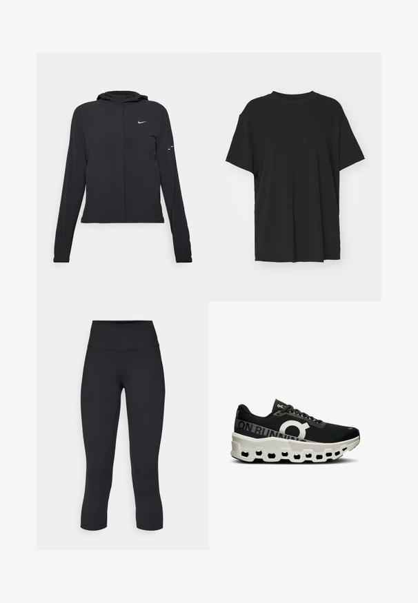 Melnā kapuci jaka ar garām piedurknēm, izgatavota no viegla materiāla. Tam ir priekšējais rāvējslēdzis, Nike logo un smalki dizaina akcenti.; Melna īsām piedurknēm T-krekli, izgatavots no gludas auduma, ar apaļu kakla izgriezumu un brīvu piegriezumu. Satur sānu šķēlumu, lai nodrošinātu papildu komfortu un gaisa caurlaidību.; Melnas apgrieztas legingi, izgatavoti no elastīga auduma, ar augstu jostasvietu un gludu tekstūru, bez redzamām rakstu vai aksesuāriem.; Melna skriešanas kurpe ar teksturētu sietu augšdaļu, izteiksmīgu baltu logotipu un unikālu balti melnu veidotu zoli ar sešu kārtas izgriezumiem.