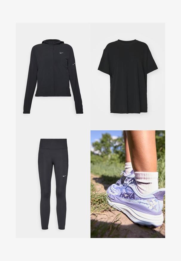 Svart hettegenser med lange ermer, laget av lett materiale. Har glidelås foran, Nike-logo og subtile design detaljer.; Svart t-skjorte med korte ermer laget av glatt stoff, med rund hals og løs passform. Har sideslisser for ekstra komfort og pusteevne.; Sorte leggings laget av elastisk stoff, med høy livlinje og en hvit Nike-logo på venstre lår. Glatt tekstur, kroppsnær passform.; HOKA STINSON 7 - Løpesko for mark - cosmic sky/meteor