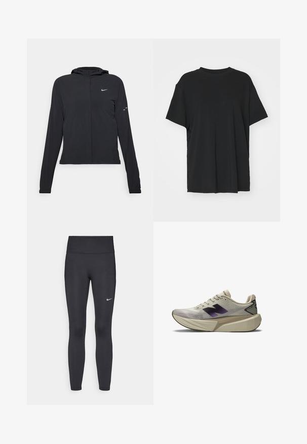 Schwarze Kapuzenjacke mit langen Ärmeln, aus leichtem Material gefertigt. Sie hat einen vorderen Reißverschluss, ein Nike-Logo und dezente Designelemente.; Schwarzes T-Shirt mit kurzen Ärmeln aus glattem Stoff, mit Rundhalsausschnitt und lockerer Passform. Verfügt über seitliche Schlitze für zusätzlichen Komfort und Atmungsaktivität.; Schwarze Leggings aus elastischem Stoff, mit einem hohen Bund und einem weißen Nike-Logo auf dem linken Oberschenkel. Glatte Textur, figurbetontes Design.; Hellebeige Sportschuhe mit dicker Sohle, schwarzem und lila "N"-Logo an der Seite und "FantomFit"-Label an der Ferse.