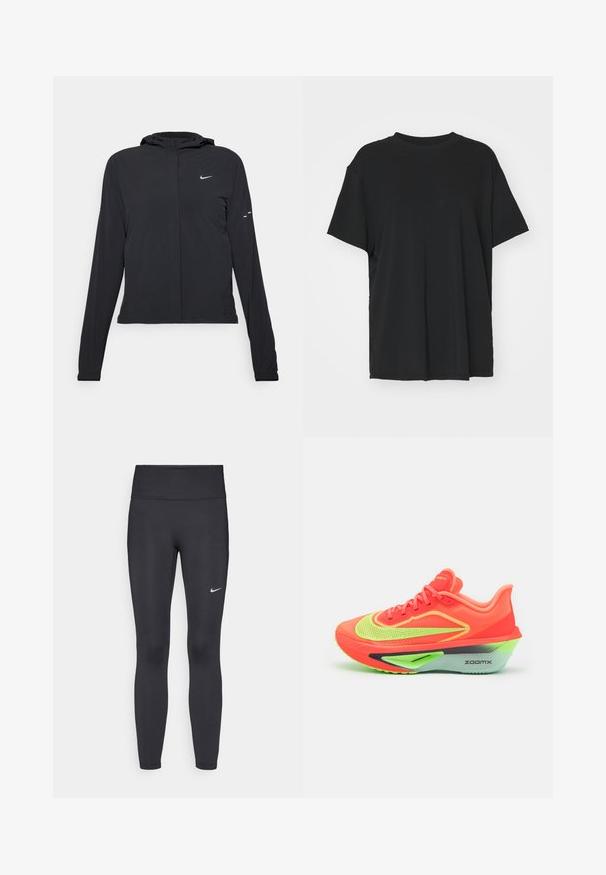 Svart huva jacka med långa ärmar, gjord av lätt material. Har en framdragare, en Nike-logotyp och subtila designelement.; Svart kortärmad t-shirt i slätt tyg, med rund hals och lös passform. Har sidslitsar för ökad komfort och andningsförmåga.; Svarta leggings i elastiskt material, med hög midja och en vit Nike-logga på vänster lår. Slät textur, figurnära design.; Neonorange löpsko med en ventilerande mesh-överdela, framträdande gröna accenter och en distinkt tjock skum-mellansula för dämpning.