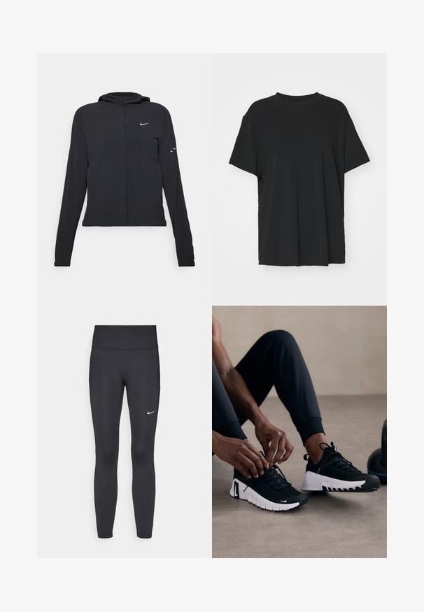 Crna jakna s kapuljačom i dugim rukavima, izrađena od laganog materijala. Ima prednji patentni zatvarač, Nike logo i suptilne dizajnerske detalje.; Crna majica kratkih rukava napravljena od glatkog materijala, s okruglim izrezom i slobodnim krojem. Ima bočne proreze za dodatnu udobnost i prozračnost.; Crne tajice izrađene od rastezljivog materijala, s visokim strukom i bijelim Nike logotipom na lijevom bedru. Glatka tekstura, dizajn koji prati obline.; Crne atletske cipele s teksturiranim crnim gornjim dijelom, bijelim potplatom i gumenim gaznim slojem. Čipke su vezane, pokazujući elegantan dizajn i logo.