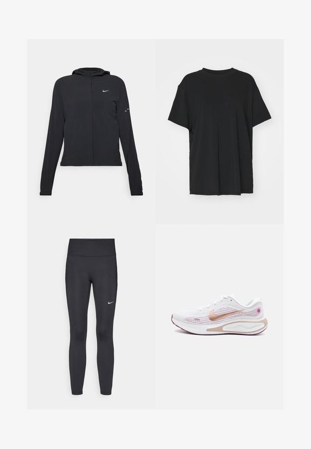 Veste à capuche noire avec des manches longues, fabriquée en matériau léger. Elle comporte une fermeture éclair à l'avant, un logo Nike et des accents de design subtils.; T-shirt noir à manches courtes en tissu lisse, avec un col ras du cou et une coupe décontractée. Présente des fentes sur les côtés pour plus de confort et de respirabilité.; Leggings noirs en tissu extensible, dotés d'une taille haute et d'un logo Nike blanc sur la cuisse gauche. Texture lisse, design ajusté.; Chaussure de course en mesh blanc et rose avec un swoosh Nike en or rose et une semelle rembourrée, vue de côté sur un fond blanc.