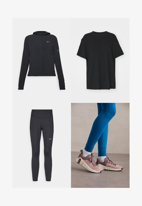 Sort hættetrøje med lange ærmer, lavet af letvægtsmateriale. Har en frontlynlås, et Nike-logo og subtile designaccenter.; Sort kortærmet t-shirt lavet af glat stof, med rund hals og løs pasform. Har sideskår for ekstra komfort og åndbarhed.; Sorte leggings lavet af strækbart stof, med en høj talje og et hvidt Nike-logo på venstre lår. Glat tekstur, tætsiddende design.; Diverse sko i lyserød og beige med teksturerede sidelapper, brune detaljer og fleksible såler. Bæres sammen med blå leggings og hvide sokker.