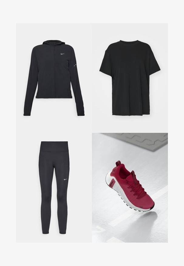 Casaco preto com capuz e mangas longas, feito de material leve. Apresenta um fecho dourado na frente, um logótipo da Nike e detalhes de design subtis.; T-shirt preto de manga curta feito de tecido suave, com decote redondo e corte solto. Apresenta aberturas laterais para maior conforto e respirabilidade.; Leggings pretos feitos de tecido elástico, com uma cintura alta e um logo branco da Nike na coxa esquerda. Textura suave, design ajustado ao corpo.; Sapatilha atlética vermelha com um upper texturizado, atacadores e uma sola branca grossa. Apresenta um bico preto em contraste e um logótipo na lateral.