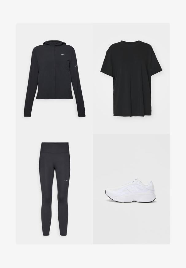 Svart hettegenser med lange ermer, laget av lett materiale. Har glidelås foran, Nike-logo og subtile design detaljer.; Svart t-skjorte med korte ermer laget av glatt stoff, med rund hals og løs passform. Har sideslisser for ekstra komfort og pusteevne.; Sorte leggings laget av elastisk stoff, med høy livlinje og en hvit Nike-logo på venstre lår. Glatt tekstur, kroppsnær passform.; Hvit sportssko med nettverksoberdel, polstret krage og teksturert såle. Har et sølvfarget logo på siden og et strømlinjeformet, moderne design.