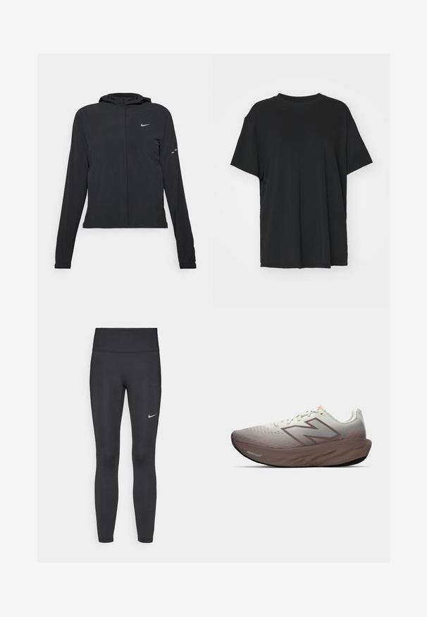 Casaco preto com capuz e mangas longas, feito de material leve. Apresenta um fecho dourado na frente, um logótipo da Nike e detalhes de design subtis.; T-shirt preto de manga curta feito de tecido suave, com decote redondo e corte solto. Apresenta aberturas laterais para maior conforto e respirabilidade.; Leggings pretos feitos de tecido elástico, com uma cintura alta e um logo branco da Nike na coxa esquerda. Textura suave, design ajustado ao corpo.; Sapatilha de corrida com parte superior em cinza e castanho em degradê, sola grossa castanha rotulada "Fresh Foam" e logótipo da New Balance na lateral.