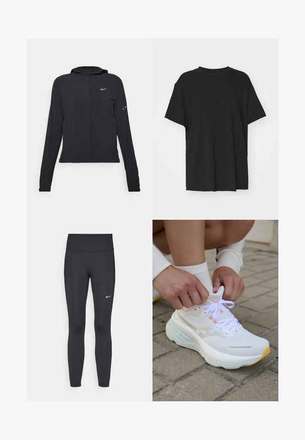 Zwarte kaptrui met lange mouwen, gemaakt van lichtgewicht materiaal. Voorzien van een ritssluiting aan de voorkant, een Nike-logo en subtiele ontwerpelementen.; Zwarte korte mouwen t-shirt van soepel stof, met een ronde hals en een losse pasvorm. Heeft zij-splitten voor extra comfort en ademend vermogen.; Zwarte legging van rekbare stof met een hoge tailleband en een wit Nike-logo op de linkerdij. Gladde textuur, aansluitend ontwerp.; Saucony HURRICANE 24 - Hardloopschoenen voor op de weg - white