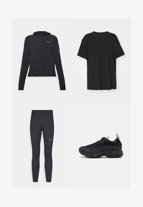 Mustassa hupparissa on pitkät hihat, ja se on valmistettu kevyestä materiaalista. Siinä on edessä vetoketju, Nike-logo ja hillityt muotoiluyksityiskohdat.; Musta lyhythihainen t-paita, joka on valmistettu sileästä kankaasta. Paidan muotoilu on pyöreä kaula-aukko ja väljä istuvuus. Lisämukavuutta ja hengittävyyttä lisäävät sivuhalkiot.; Mustat leggingsit joustavasta kankaasta, joissa on korkea vyötärö ja valkoinen Nike-logo vasemmassa reidessä. Sileä pinta, muotoaan myötäilevä suunnittelu.; Mustat lenkkarit, joissa on tekstuurilla varustettu verkko-osa, kumipohja ja näkyvä ilmatäyttö. Varustettu hihnoilla ja rei'itetyillä yksityiskohdilla hengittävyyden lisäämiseksi.